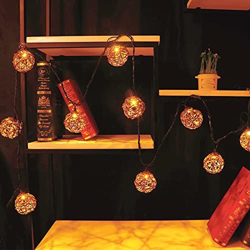 Vigdur Декоративни - Гирлянди от Ротангового топчета с 10 Led Крушки, Споделят Вътрешни Външни Светлини за Спални, Сватба,