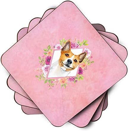 Набор на каботажните за пяна Carolin's Treasures CK4115FC Basenji Pink Flowers 4, 3 1/2 x 3 1/2, Многоцветен