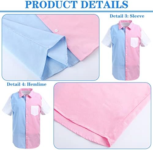 Мъжки Ризи с къс ръкав в цвят Блок, Разкрива Пол, Розово-Синя Риза, Отгоре с Джоб Отпред копчета