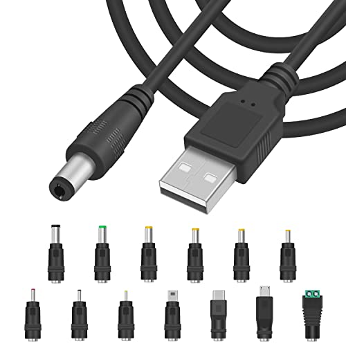Кабел Duttek от USB до 5 vdc 5 фута /1,5 м, кабел за зареждане от USB 2.0 до постоянен ток 5,5x2,1mm, захранващ ток 3 А, с 13 конектори за рутер, мини вентилатор, фотоапарат, телефон и дру?