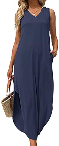 Дамски рокли Fragarn в стил бохо, Женска Риза Без ръкави, с V-образно деколте, Однотонное Плажна Рокля с джобове