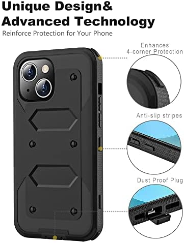 Калъф Defender за iPhone 14 с кобур на колана - 2 защитни филм за екрана + 1 фолио за обектива на камерата - Здрав двуслойни Тежкотоварни Военен защитен устойчив на удари Здрав