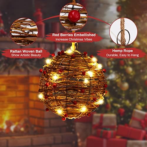 Коледна Топка за Целувки Roylvan, Окачен на Топката от Ратан с 20 светодиода, Коледна Декоративна Лампа с Червени Плодове,