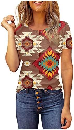 Ризи с Къс ръкав за Жени, който е Кръгъл Отвор, Ацтекские Тениски С Геометричен Модел, Блузи, Ежедневни Базови Върховете