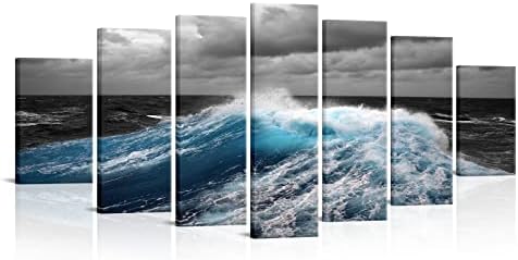 LevvArts XLARGE, 7 предмети, Океанските вълни, Стенно Изкуство, Черно-Бели, Сини Картини С Морски Пейзажи, Щампи върху