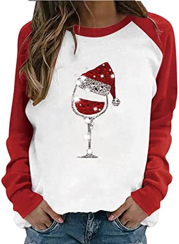 BRKEWI, Грозни Коледни Пуловери, Дамски Модни 2023, Коледна Hoody с кръгло деколте и Дълъг Ръкав, Искрящи Чаши За Вино,