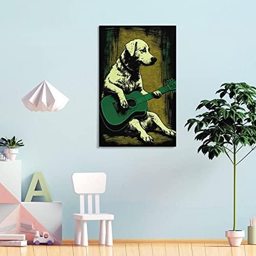Забавно Куче свири на китара Животно платно плакат Реколта Ретро Цветен Живопис китара Лабрадор куче Стенно Изкуство