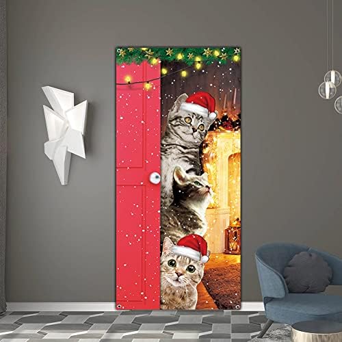 Сладък Котки С Коледа Вратата на Кутията Забавни Котки Врата Банер Украса Коледен Банер Украса за Входната Врата на Стената