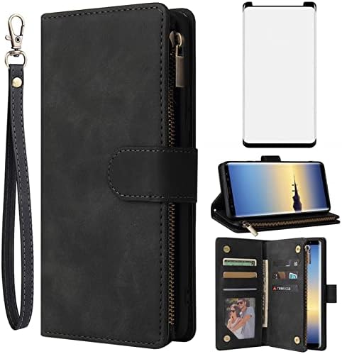 Asuwish е Съвместим с Samsung Galaxy Note 8 Калъф-портфейла от закалено Стъкло, Защитно фолио за екрана и Кожена флип-надолу капака, Държач за карти, Аксесоари за мобилни телефон