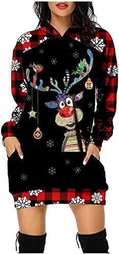 NOKMOPO Коледна Рокля за Жените, Модерен Случайни Пуловер с Дълги ръкави и Коледните Принтом, Рокля с Качулка, Топ, Рокля