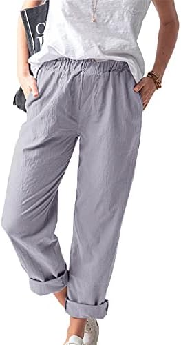 Дамски обикновена панталони за жени, модни дебнещ памучни ленени панталони с джобове, ежедневни реколта панталони за