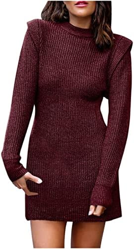 Oplxuo Женски Пуловер с дълъг ръкав и имитация на шията, Дрехи-Пуловери, Дебнещ Мини-Рокля-Пуловер от Рубчатого Трикотаж,