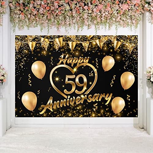 С 59-та Годишнина на Фона на Банер Декор на Черно Злато – Блестящо Сърце на Любовта С 59-Годишна Годишнина от Сватбата