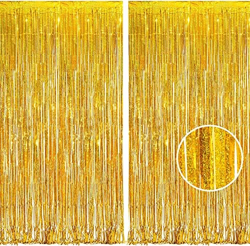 Пердета BRAVESHINE с Блестяща Златна Сърма и Ресни от Фолио - 2 елемента 3,2x8,2 метра Празничен Фон за Фотосесия на