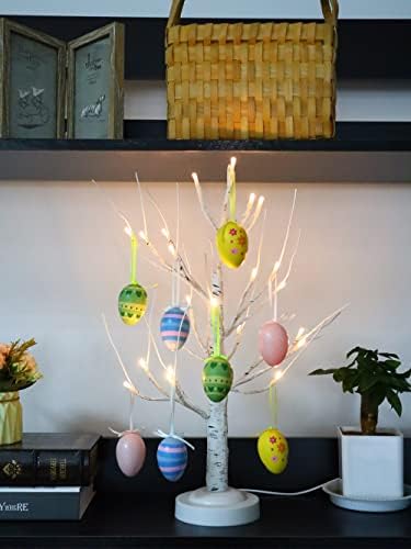 Великден Настолна лампа във формата на коледно дърво от Бяла Бреза с 8 Великденски Висящи Яйца USB и Батерии за декорация