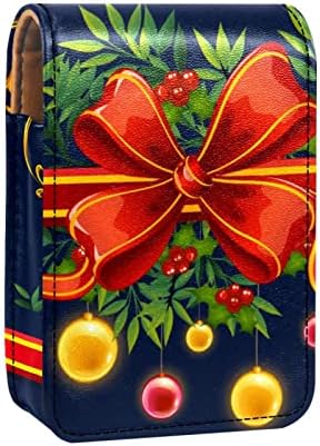 Подарък Лък с Коледни топки на Син фон, Калъф за червило с Огледало за Чантата си, Преносим Мини-Косметичка, Пътна Косметичка,