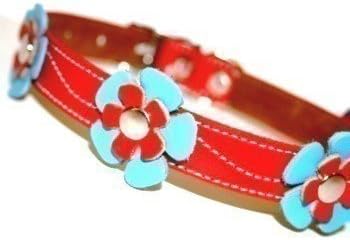 Нашийник за кучета Cool Puppy Cool Leather - Червен със светло сини и червени големи цветя (12-14 инча)