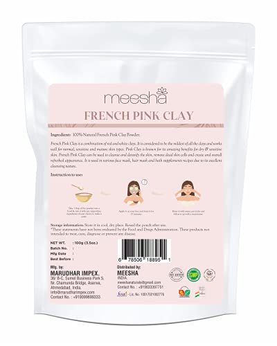 Френска прах от розова глина от meesha | 100 g (3,5 oz) | Натурална пудра на прах от розова глина | Веганская