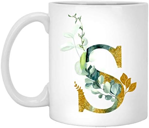 Кафеена Чаша с графични буква Алфа / S S - Монограм от буквите на Азбуката S - Златно Трептене на Всички писма, Цветна