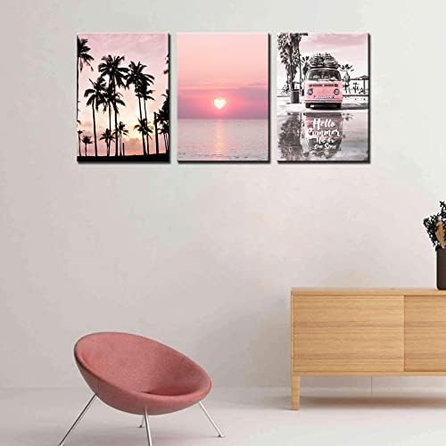 Tucocoo Стенни Картини за Всекидневната, Розови автомобилни Картини, 3, Панел, Платно, Залез слънце, Плаж, Кокосово Дърво,
