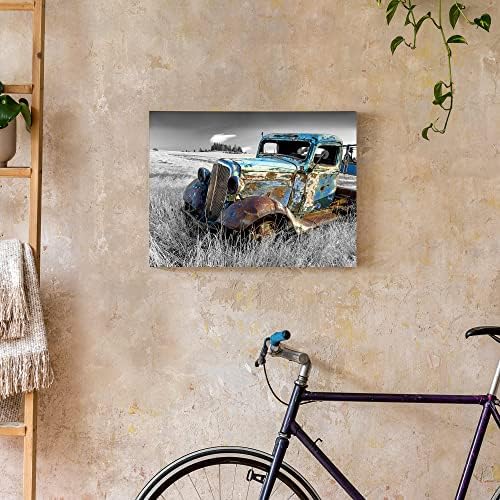 Слънчоглед Стар Камион Платно Стенно Изкуство: Ръждиво-Синя Кола Произведение на Изкуството Селски Автомобили Живопис