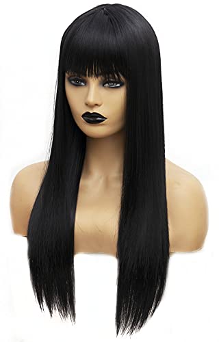 Rugelyss Дълга черна права перука с бретон от 24 инча от естествени, синтетични перуки за жени или cosplay, вещици