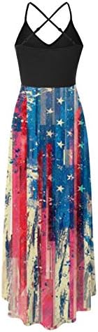 Женствена Рокля Макси от 4 юли, Лятото Ежедневна Рокля в стил Бохо с Флага на САЩ, Без ръкав, С Кръгло деколте, в Звездната