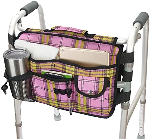Двустранен чанта за ходунков, чанта-органайзер за ходунков-тоут за роллера и сгъваеми ходунков (розова клетка)